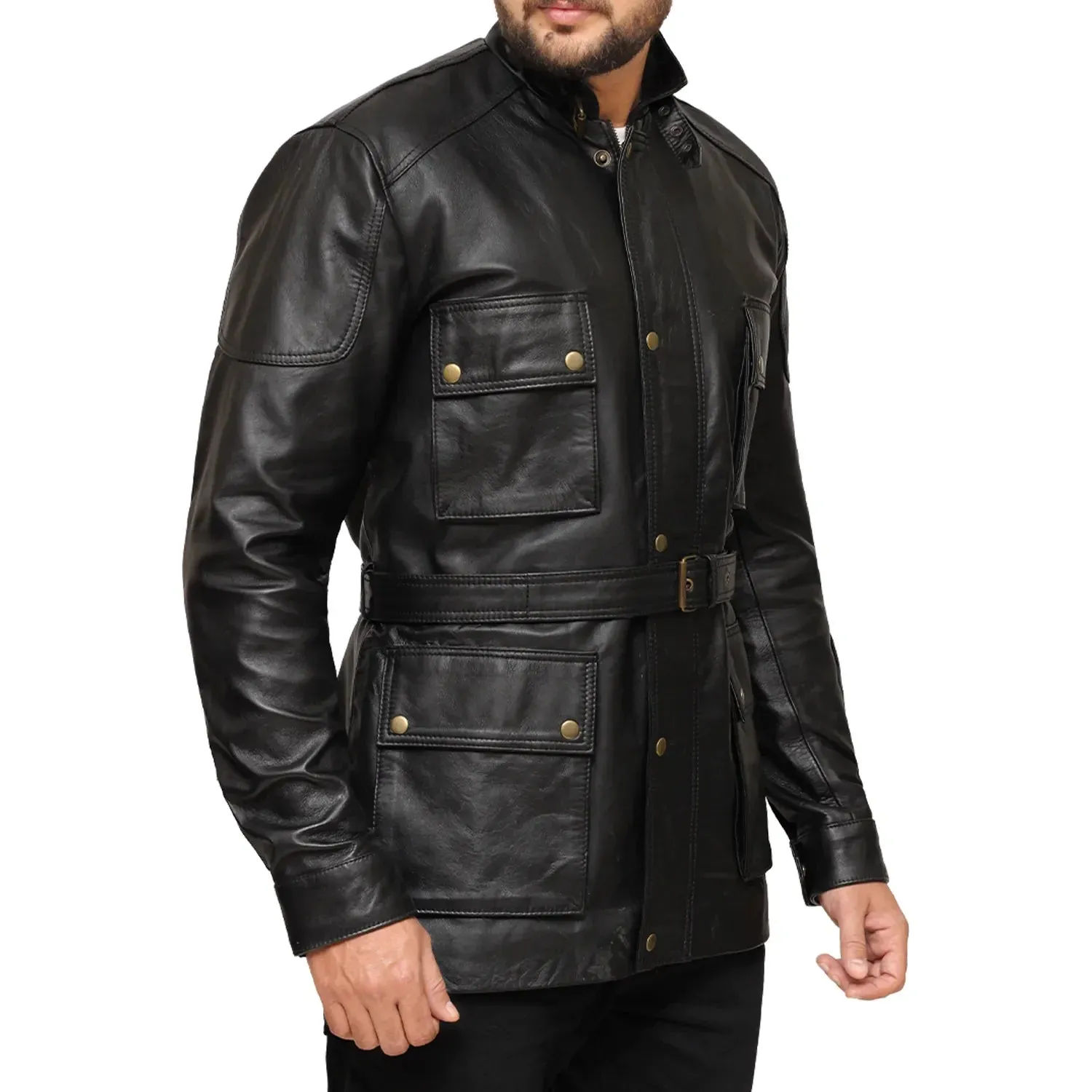 3/4 Length Black Leather Jacket Coat for men