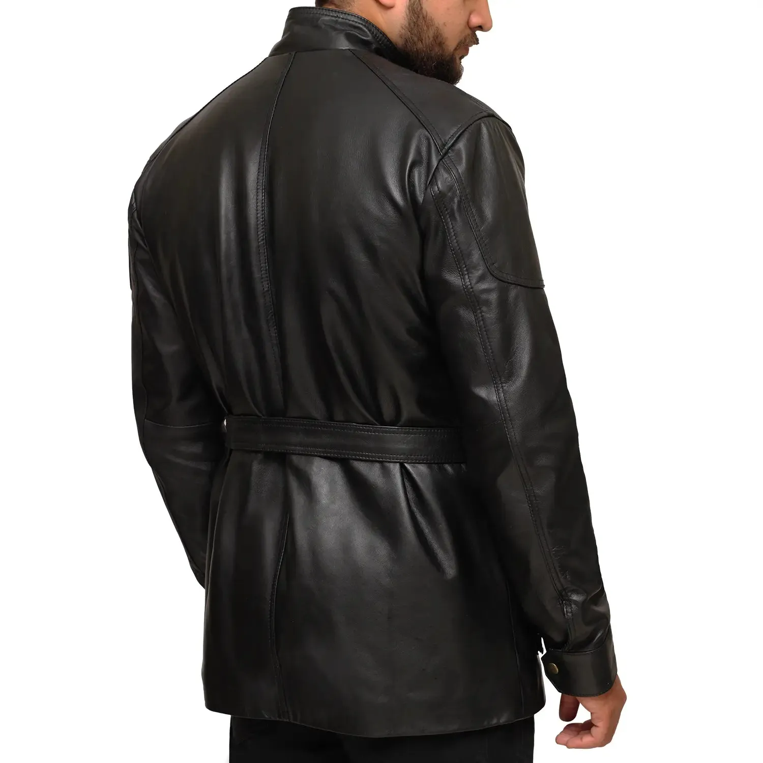 3/4 Length Black Leather Jacket Coat for men