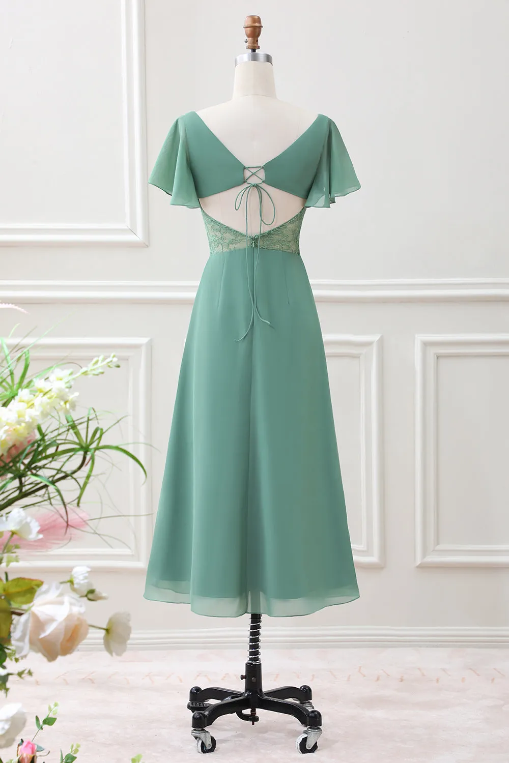 A Line Eucalyptus Square Neck Chiffon Tea-length Dress with Slit