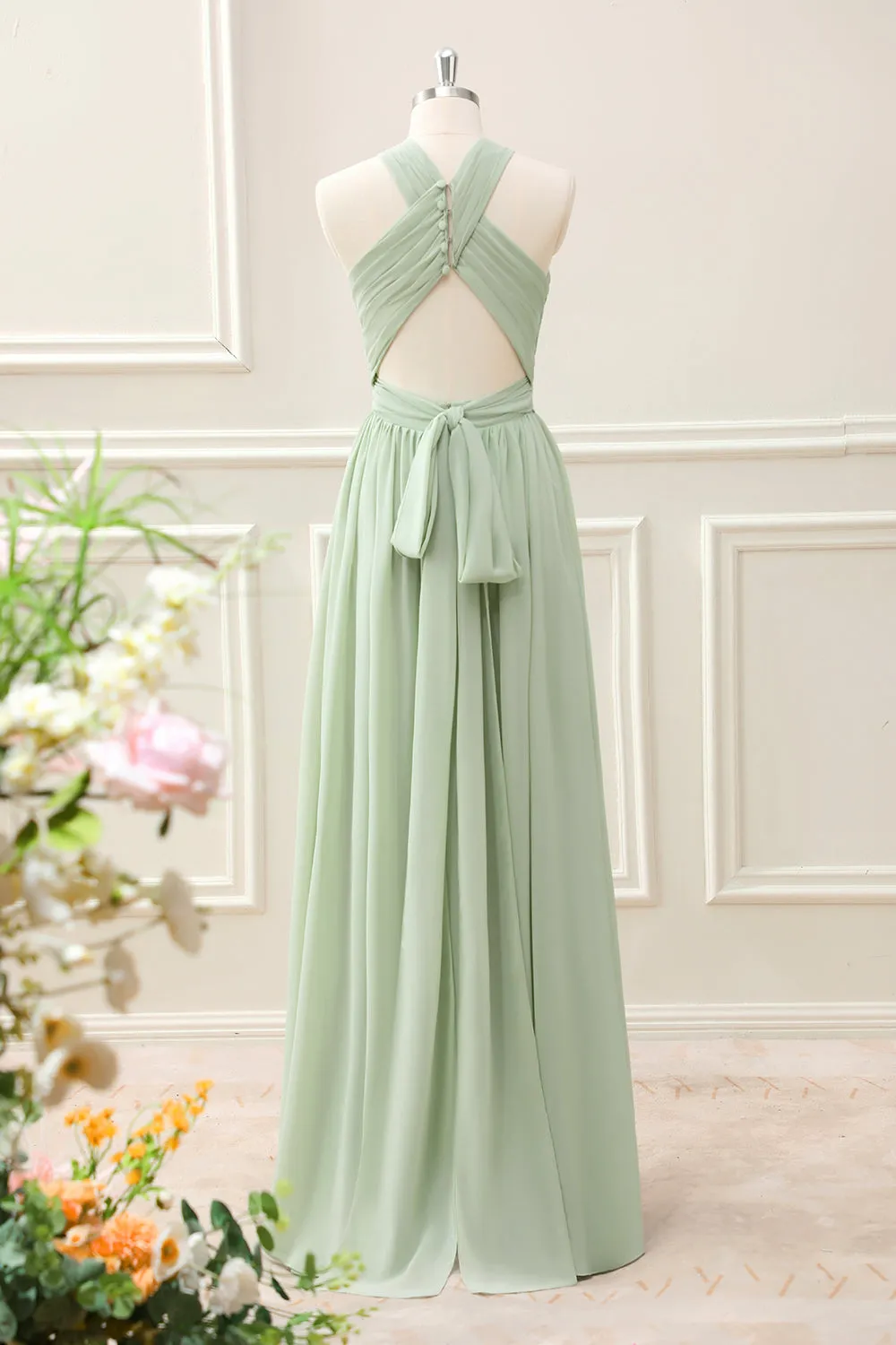 A Line Halter Chiffon Sage Green Pleated Maxi Dress with Slit