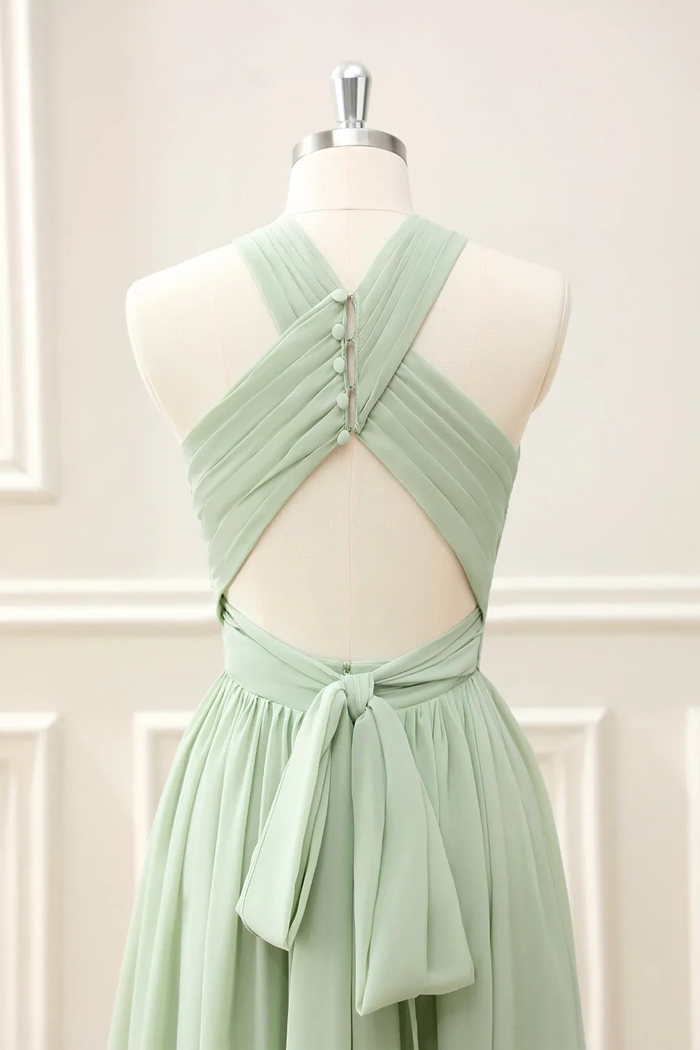 A Line Halter Chiffon Sage Green Pleated Maxi Dress with Slit