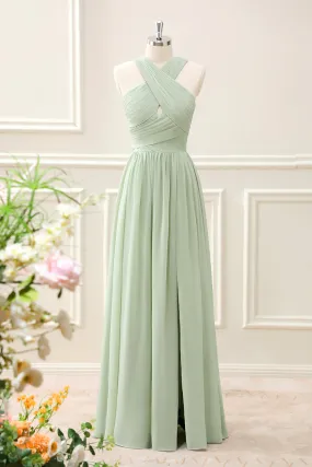 A Line Halter Chiffon Sage Green Pleated Maxi Dress with Slit