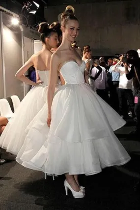 A Line Strapless Sweetheart Organza Tea Length Wedding Dresses, Prom Dresses