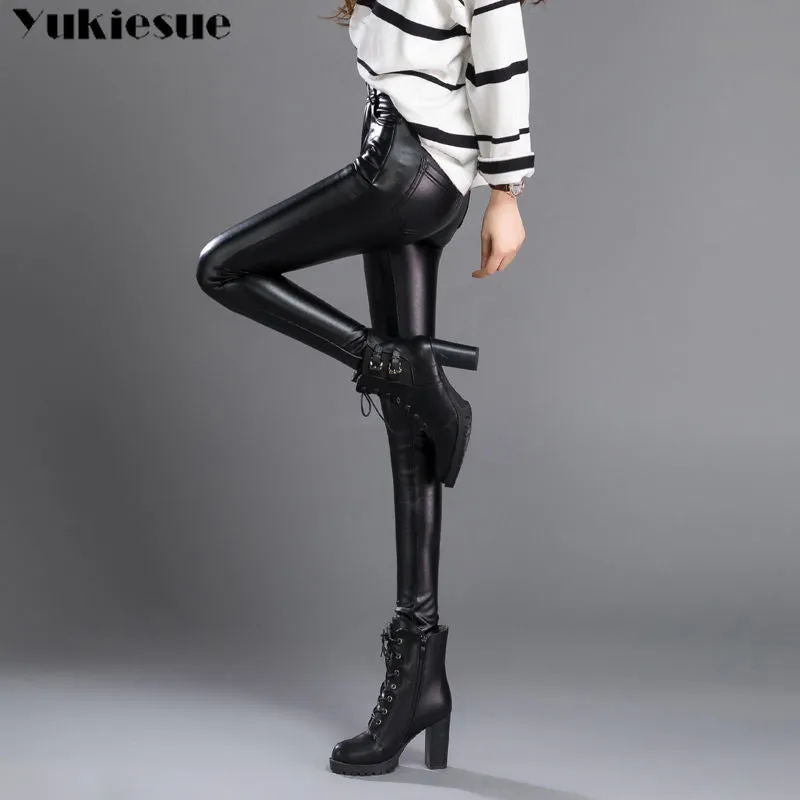 Autumn Winter women leather pants High elastic shiny trousers slim female pencil leather pants women pantalon femme  clothe