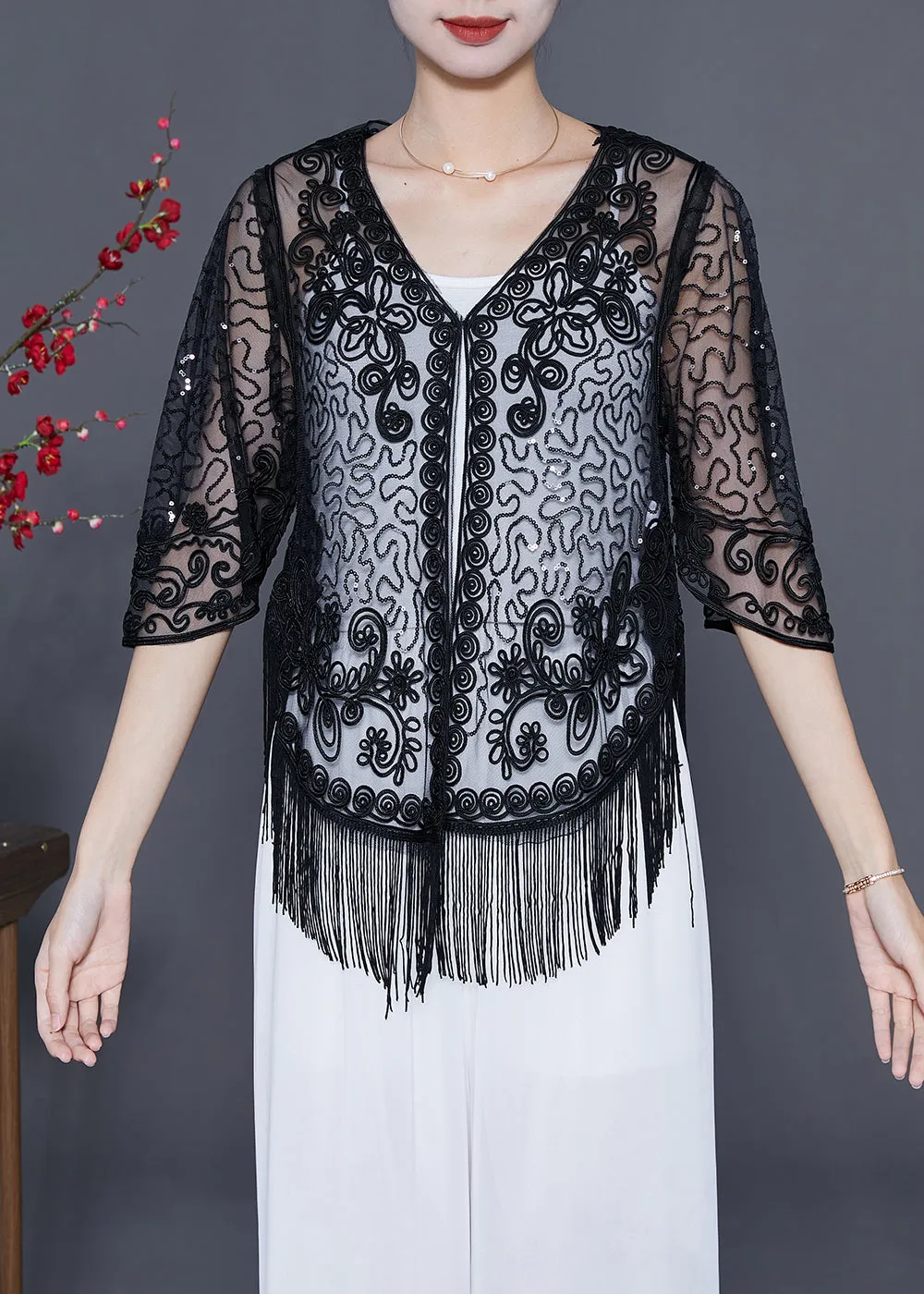 Beautiful Black Embroideried Tulle Cardigans Summer LY5546