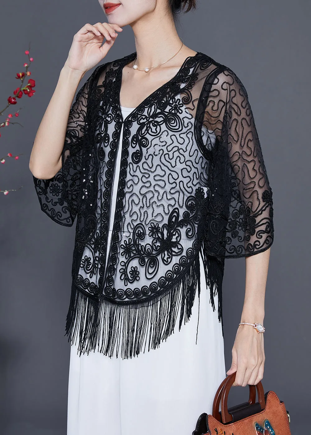 Beautiful Black Embroideried Tulle Cardigans Summer LY5546