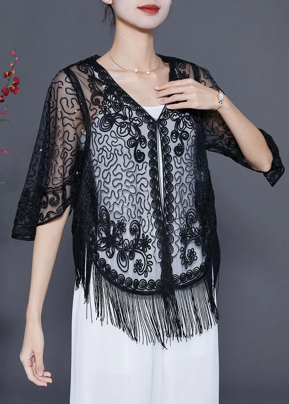 Beautiful Black Embroideried Tulle Cardigans Summer LY5546