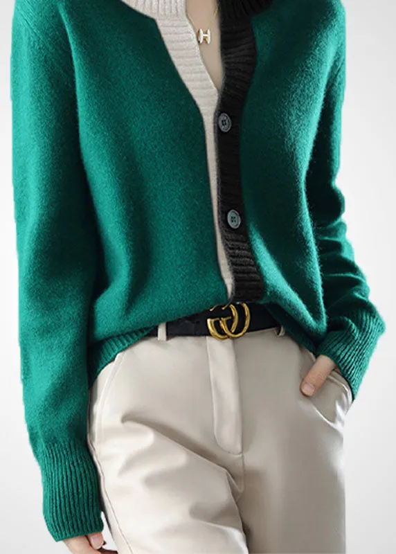 Beautiful Green O-Neck Patchwork Button Wool Knit Cardigans Winter