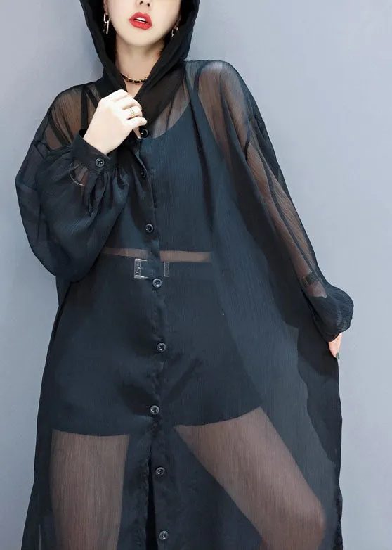 Black Loose Chiffon UPF 50  Cardigans Oversized Side Open Summer LY1656