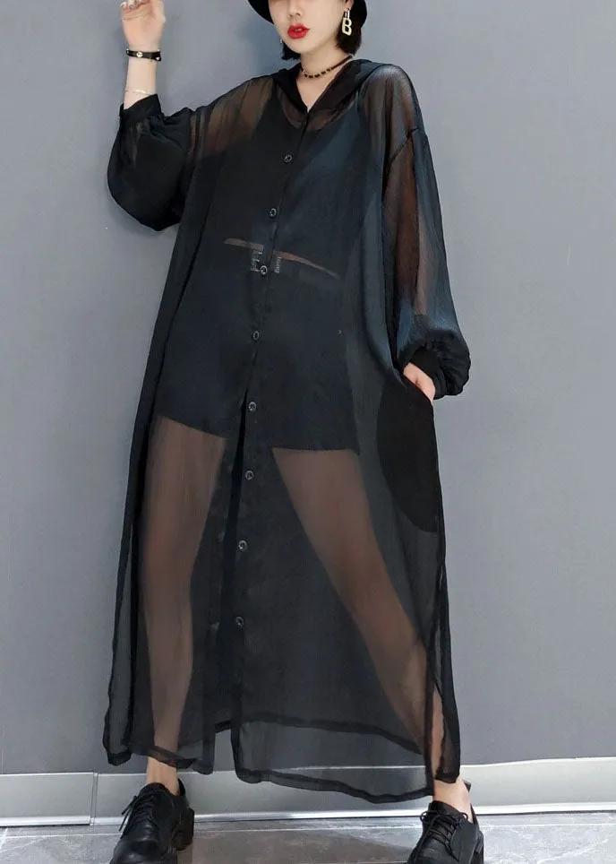 Black Loose Chiffon UPF 50  Cardigans Oversized Side Open Summer LY1656