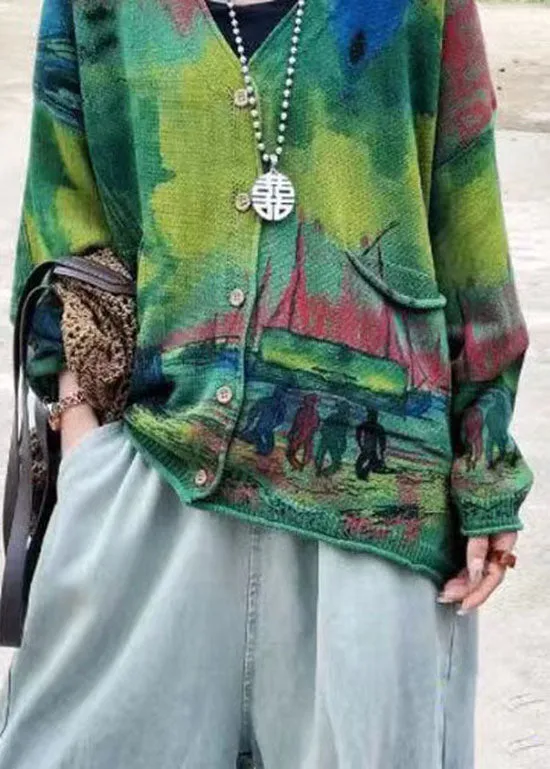 Bohemian Green V Neck Print Pockets Knit Cardigans Long Sleeve FF046