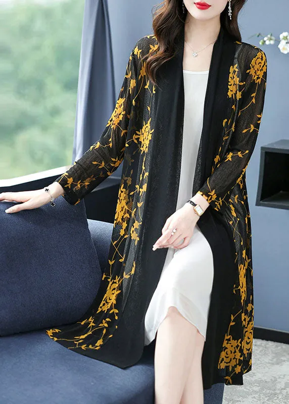 Bohemian Yellow V Neck Print Long Ice Size Chiffon Cardigans Summer