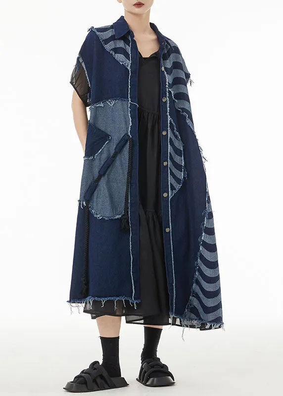 Boho Blue Asymmetrical Patchwork Cotton Denim Long Cardigans Sleeveless LC0157