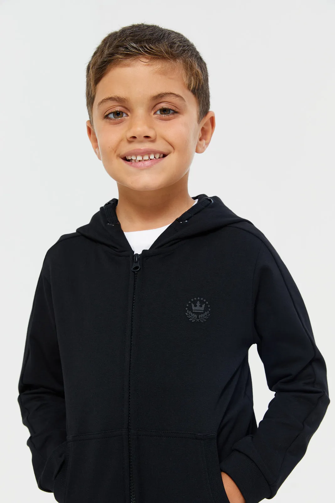 Boys Black Zipper Front Hooded Sweatshirt