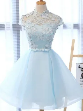 Chic Light Sky Blue Homecoming Dress, Tulle High Neck Homecoming Dress, Party Dress