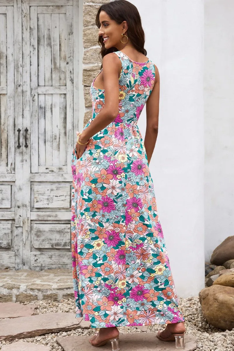 Chic Pink Floral Maxi Dress with Pockets