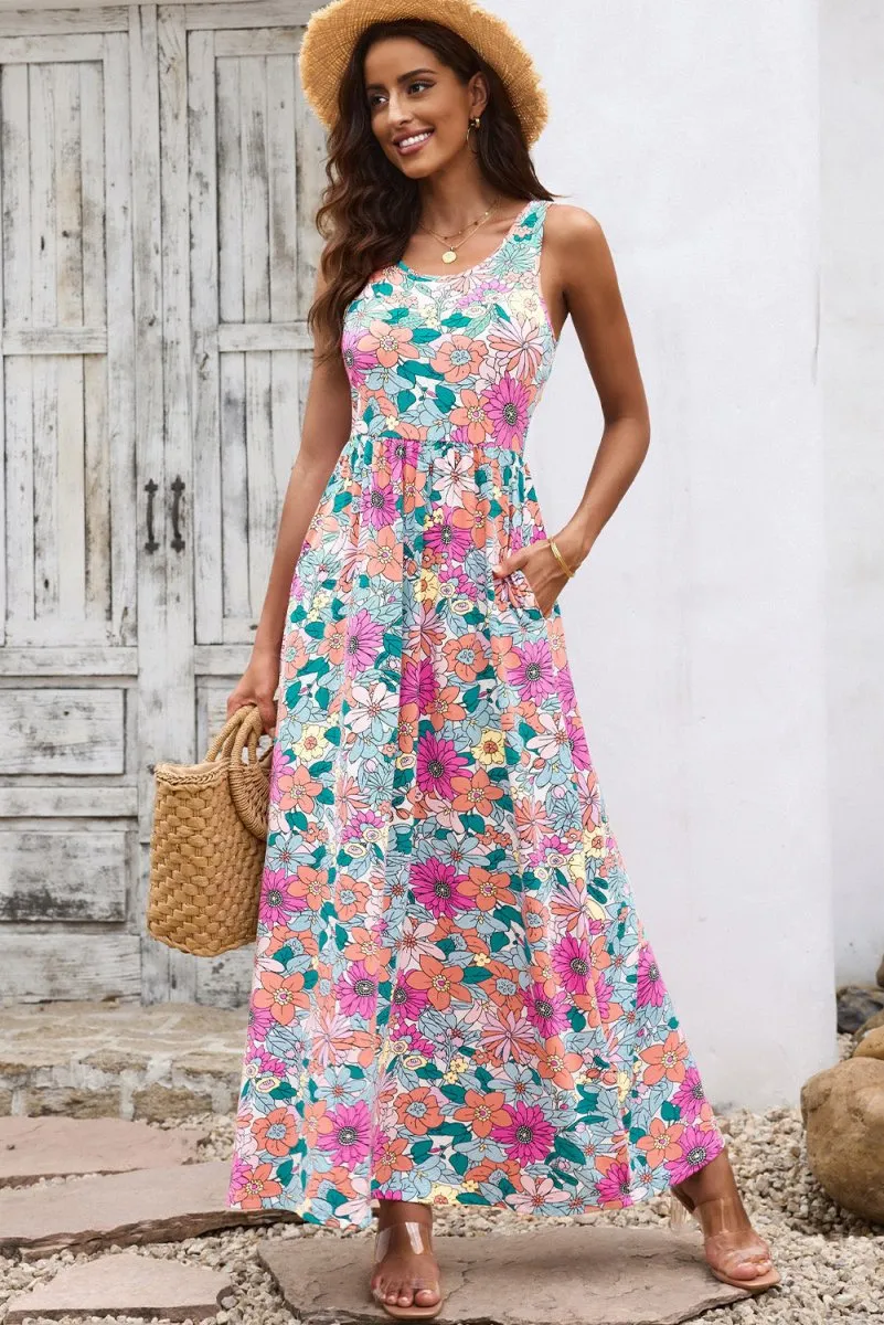 Chic Pink Floral Maxi Dress with Pockets