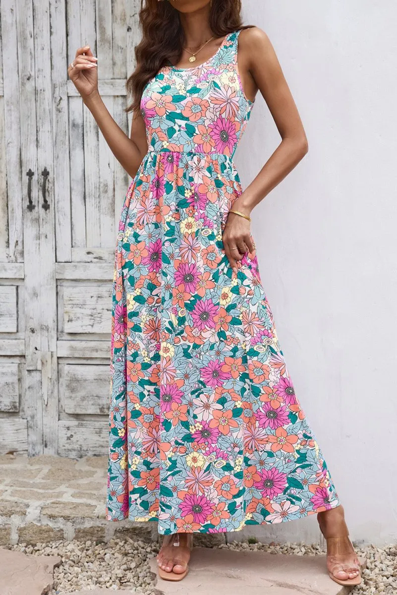 Chic Pink Floral Maxi Dress with Pockets