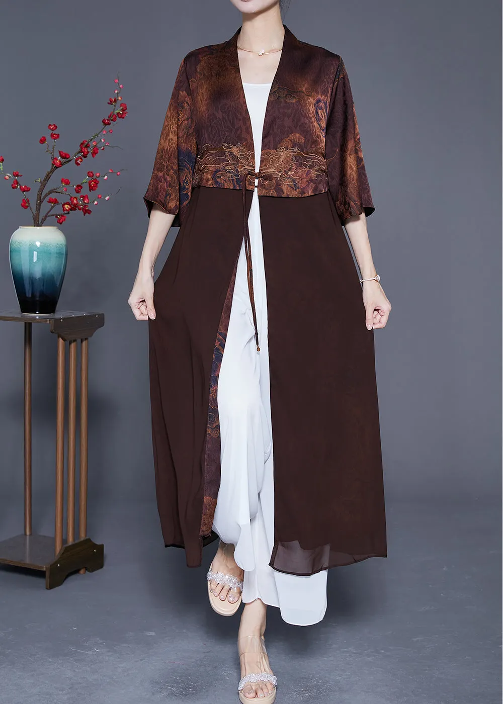 Coffee Patchwork Silk Cardigans Chinese Button Summer