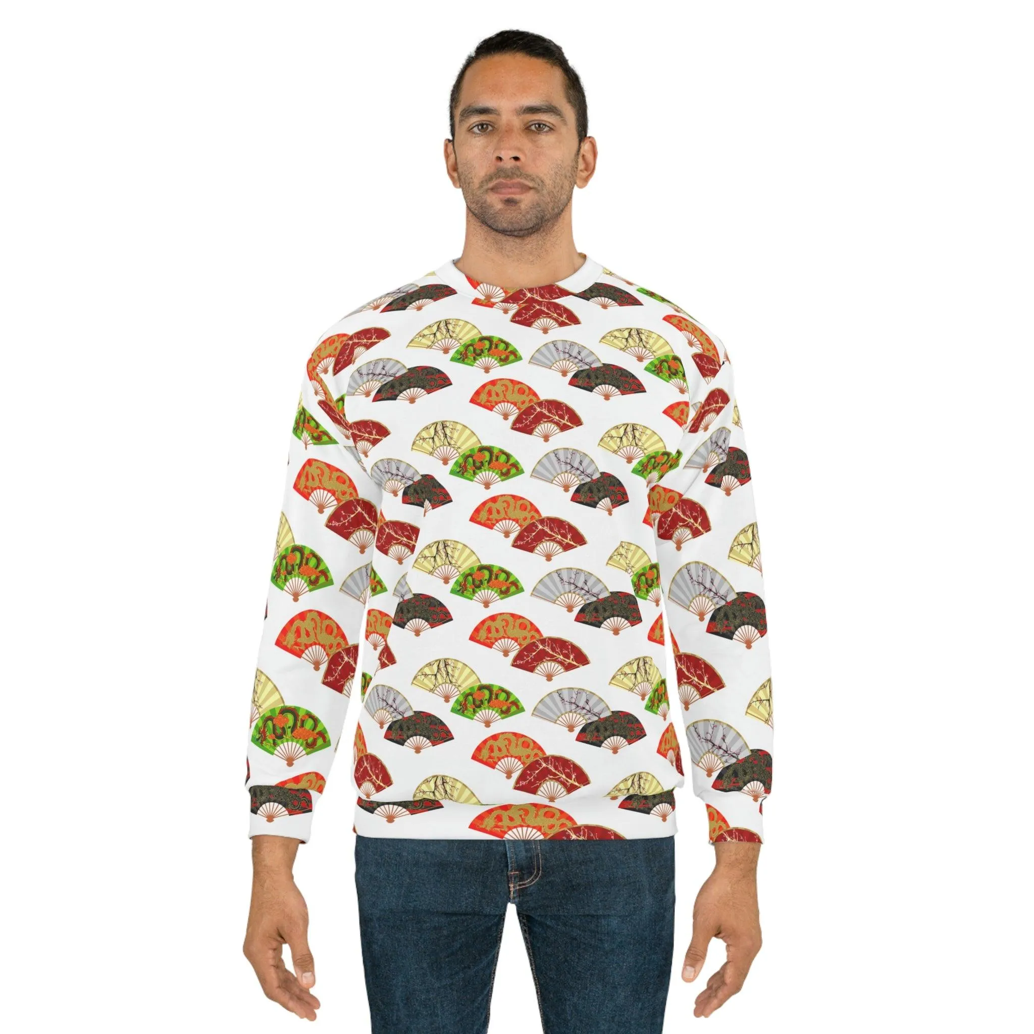 Cozy All-Over Print Crewneck Sweatshirt Featuring Japanese Fan Design