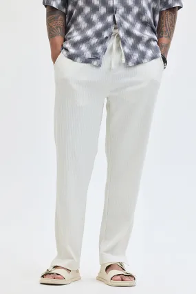 Cream Textured Slim Fit Trousers