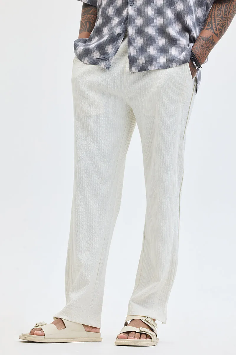 Cream Textured Slim Fit Trousers