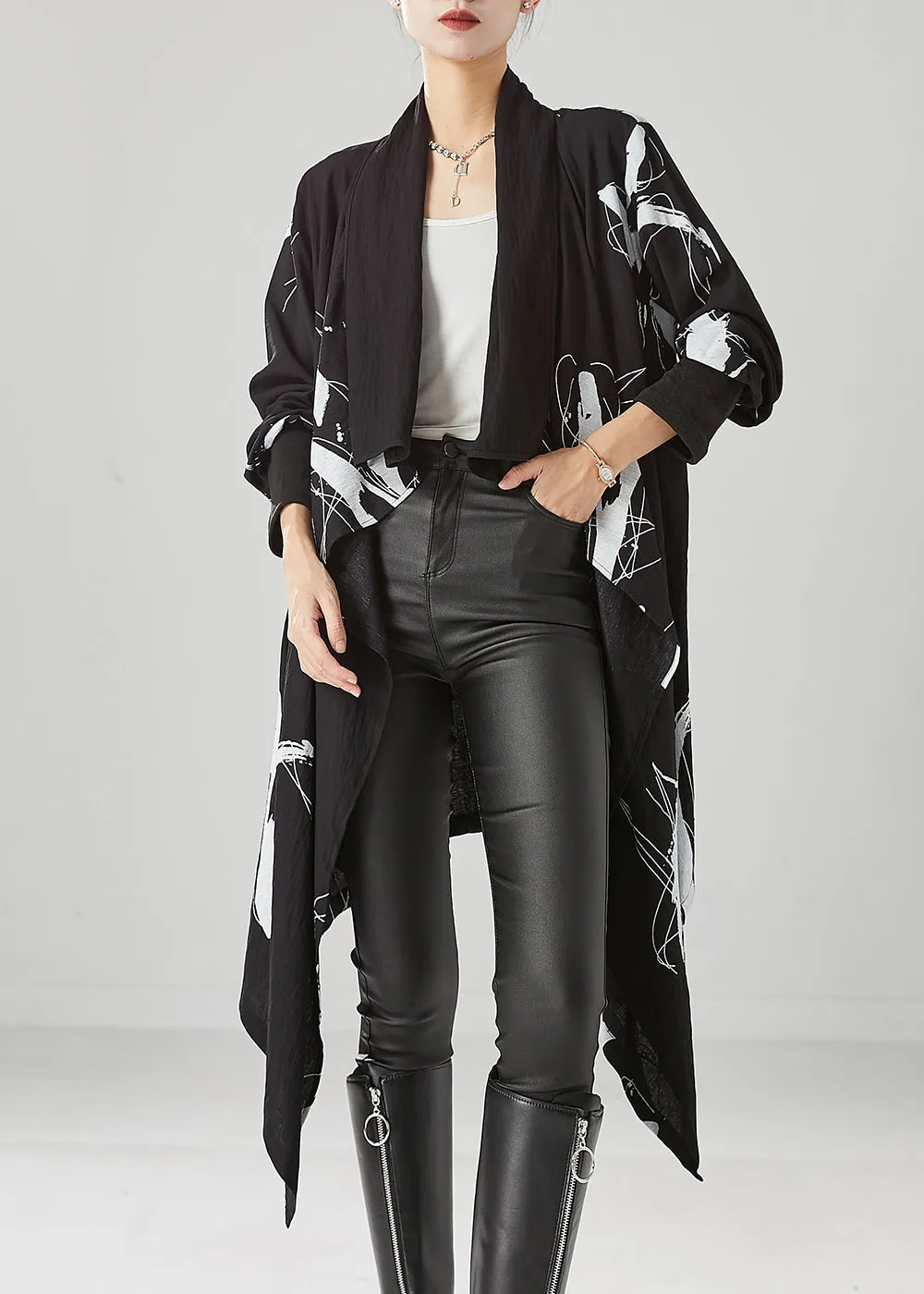 DIY Black Asymmetrical Print Cotton Cardigans Fall ML2437