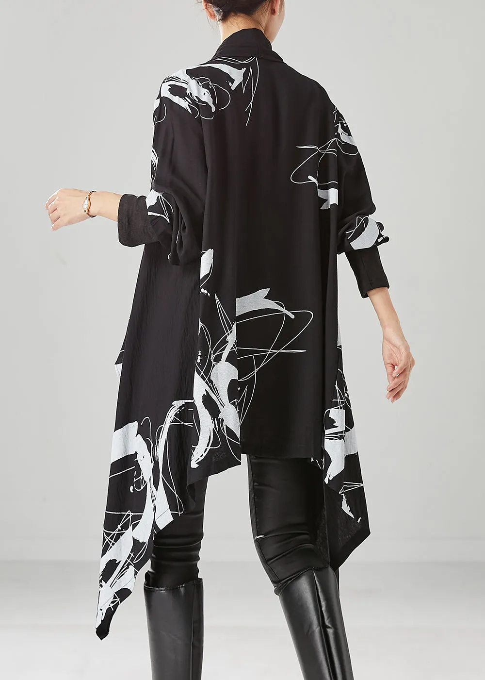 DIY Black Asymmetrical Print Cotton Cardigans Fall ML2437