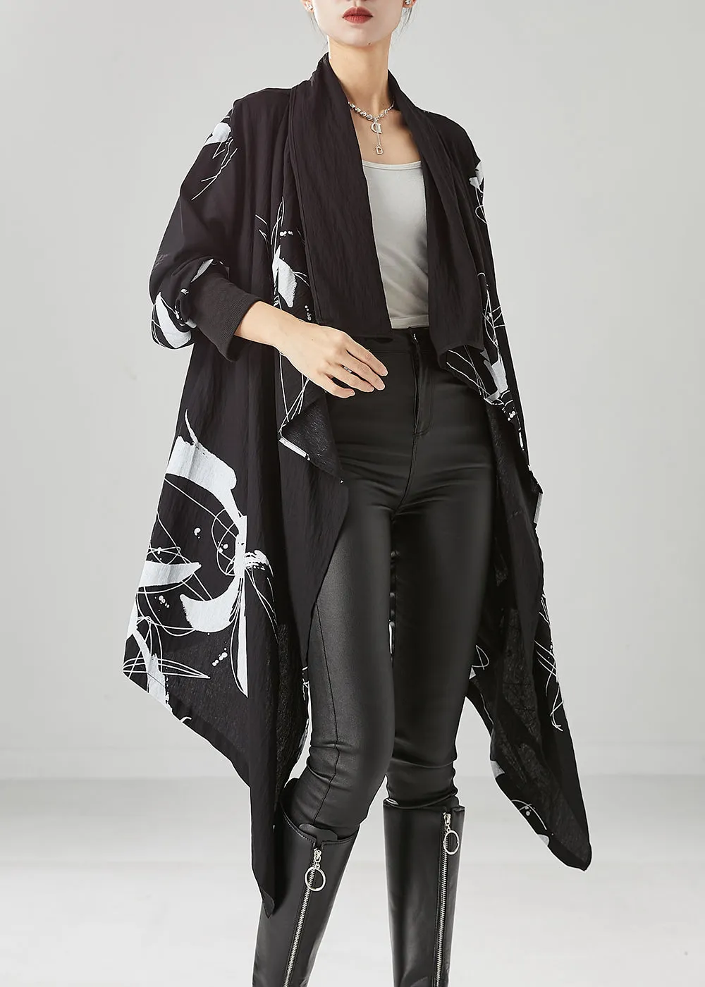 DIY Black Asymmetrical Print Cotton Cardigans Fall ML2437