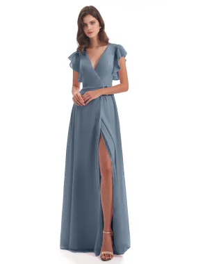 Dusky Blue Bridesmaid Dress Hope Charming V Neck Long Chiffon Bridesmaid Dresses