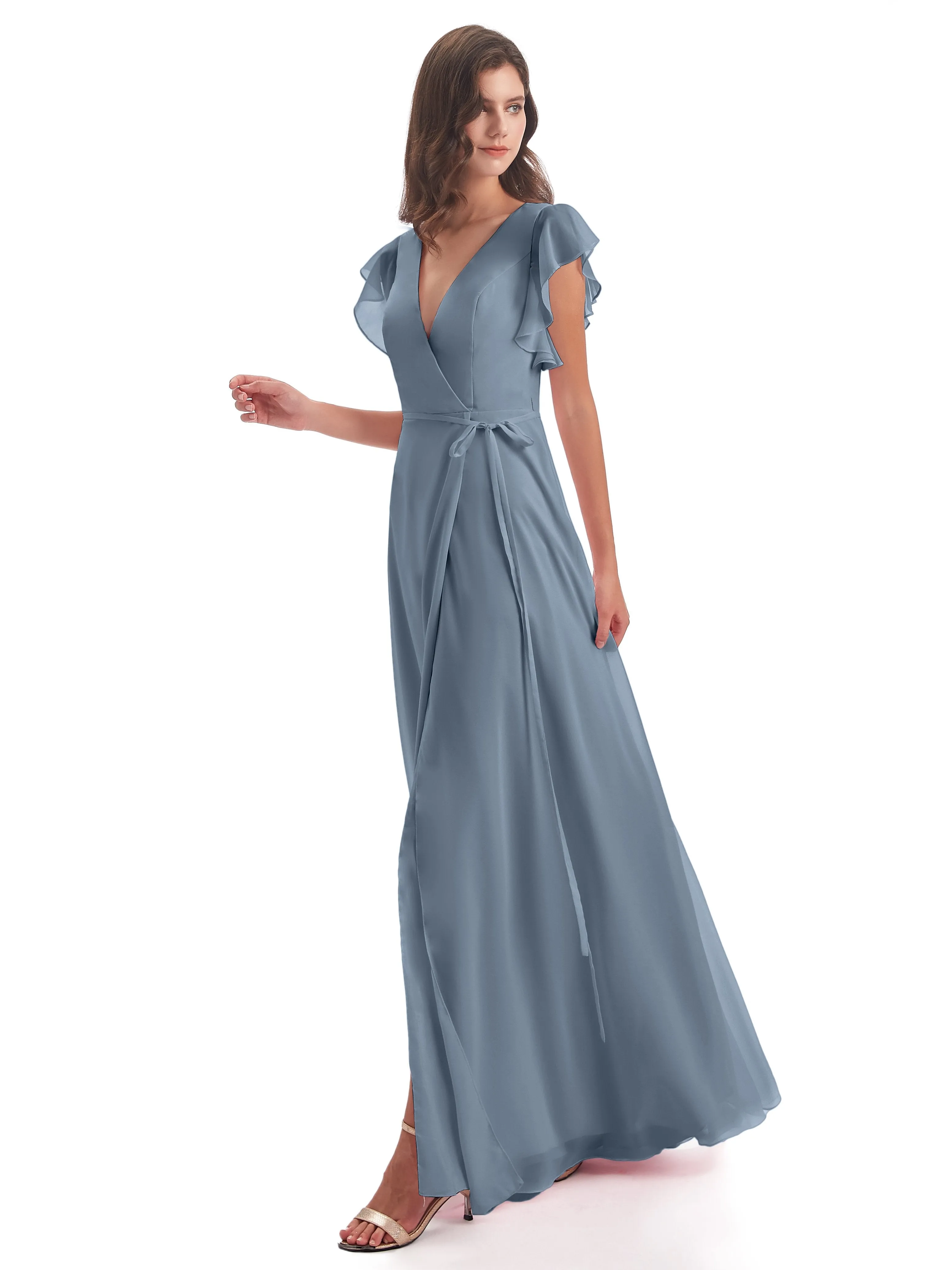 Dusky Blue Bridesmaid Dress Hope Charming V Neck Long Chiffon Bridesmaid Dresses