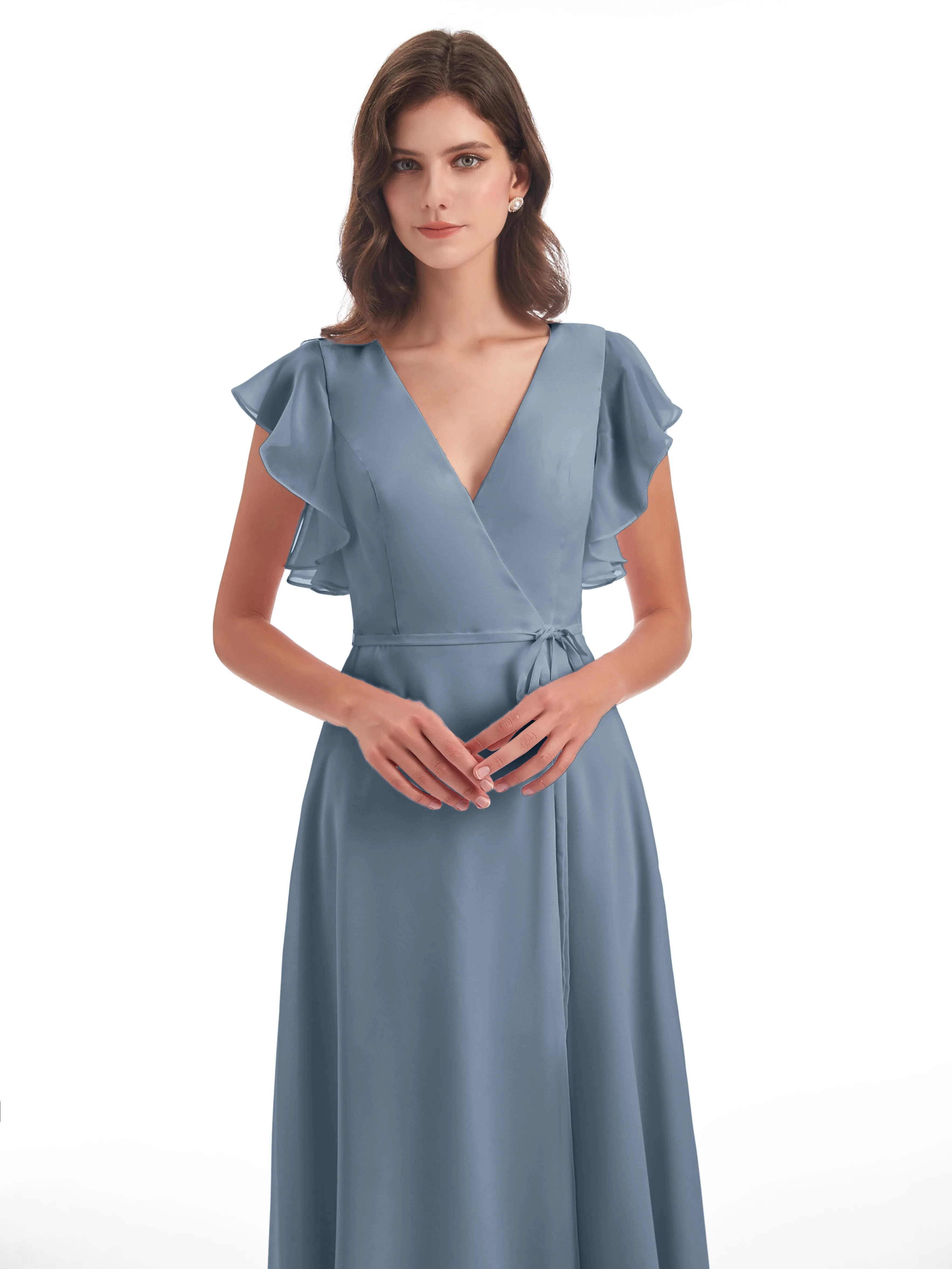 Dusky Blue Bridesmaid Dress Hope Charming V Neck Long Chiffon Bridesmaid Dresses