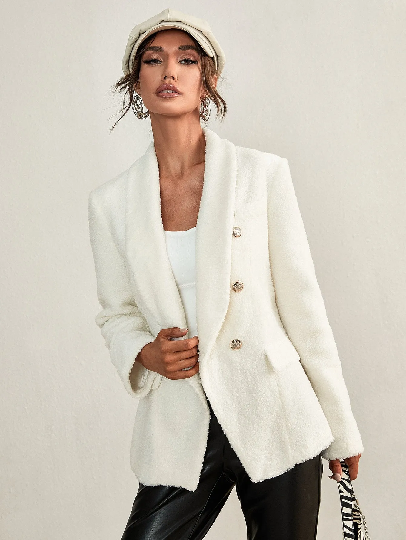 Elegant Plain Button Front Long Sleeve Shawl Collar Regular Women Blazer