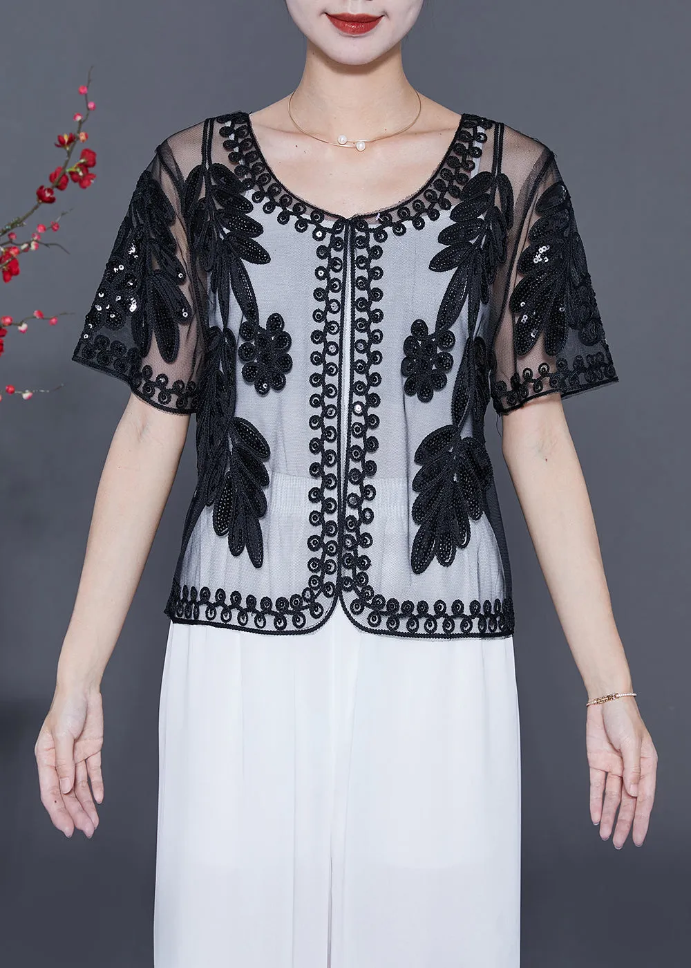 Fashion Black Sequins Embroideried Tulle Cardigans Summer