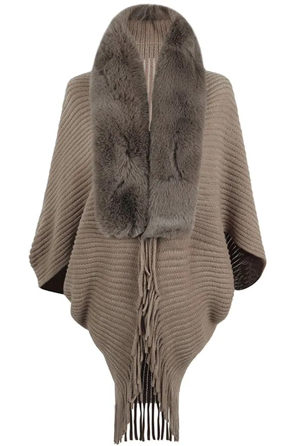 Fashionable Fur Collar Tassel Hem Knitted Shawl Cape