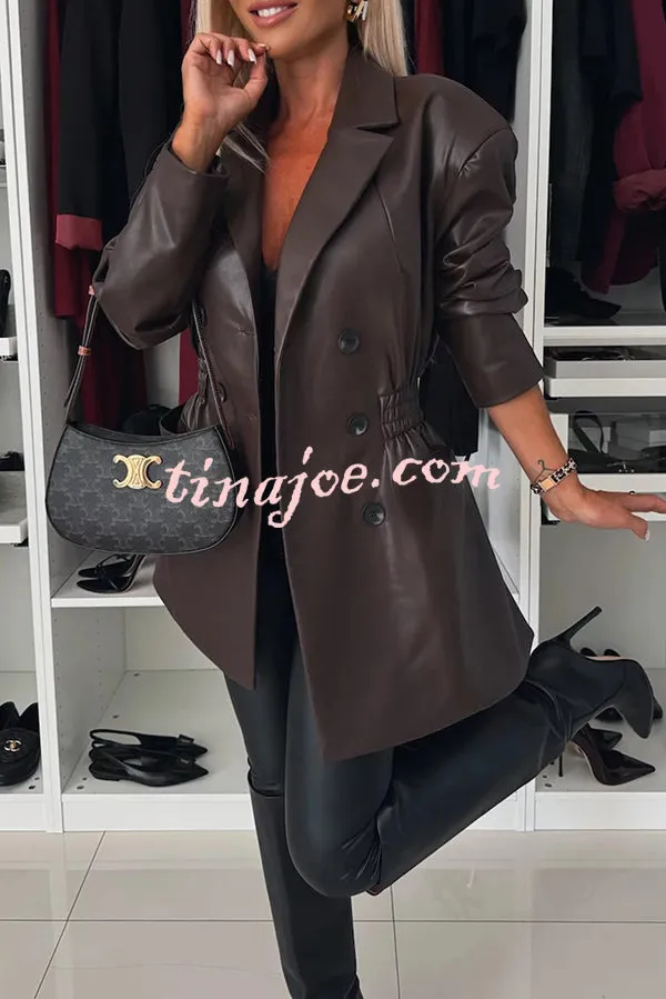 Fashionable Items Faux Leather Button Up Elastic Waistband Lapel Blazer