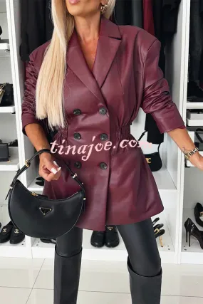 Fashionable Items Faux Leather Button Up Elastic Waistband Lapel Blazer