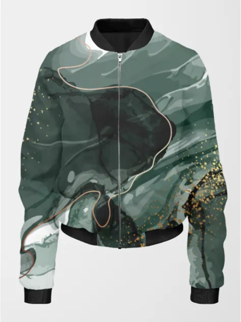 Fashionable Marble Print Dark Green Bomber Jacket