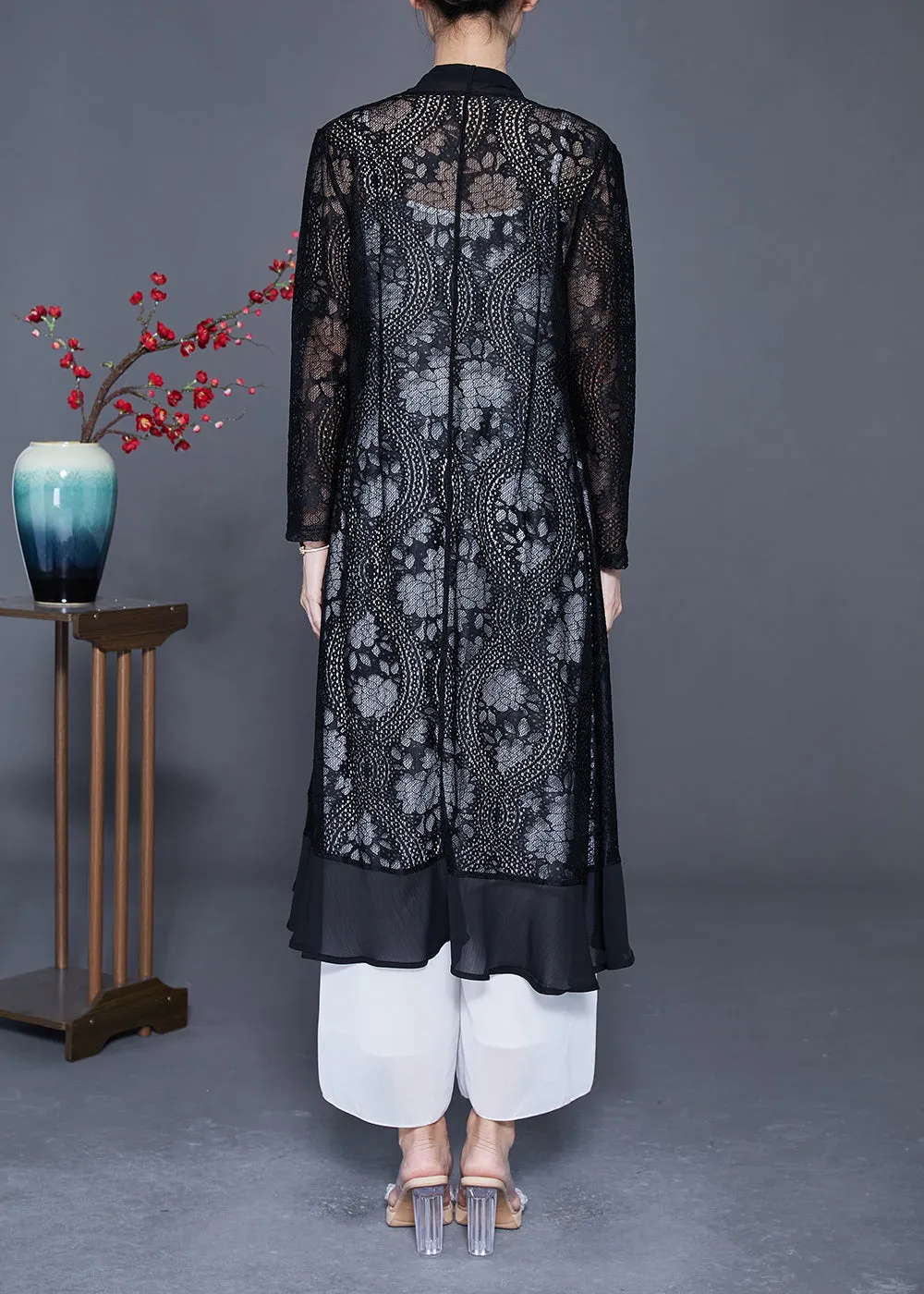 Fine Black Ruffles Patchwork Hollow Out Lace Cardigans Summer