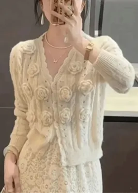 Floral Beige V Neck Hollow Out Knit Cardigans Winter WK016