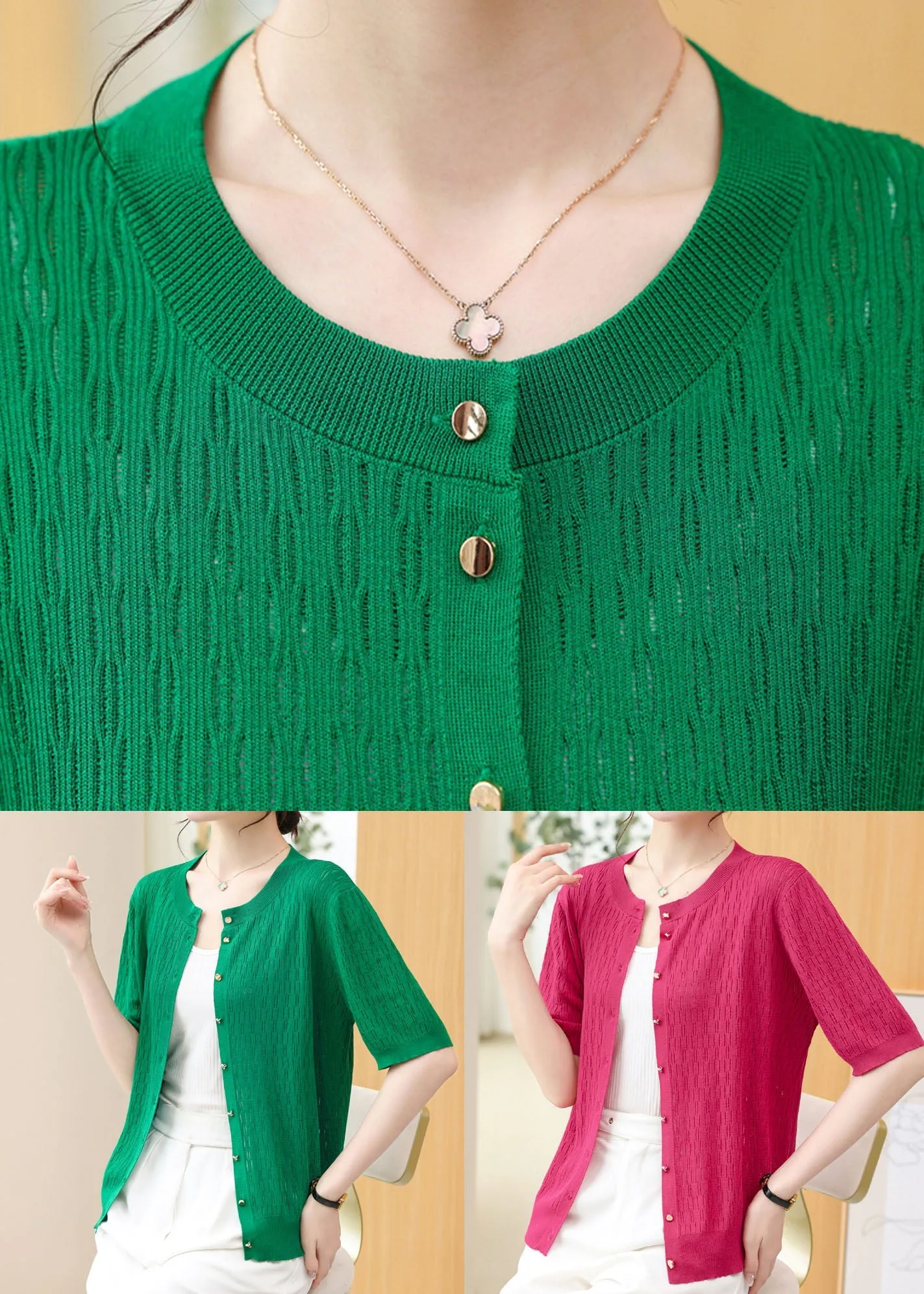 French Green O Neck Button Patchwork Knit Cardigans Summer