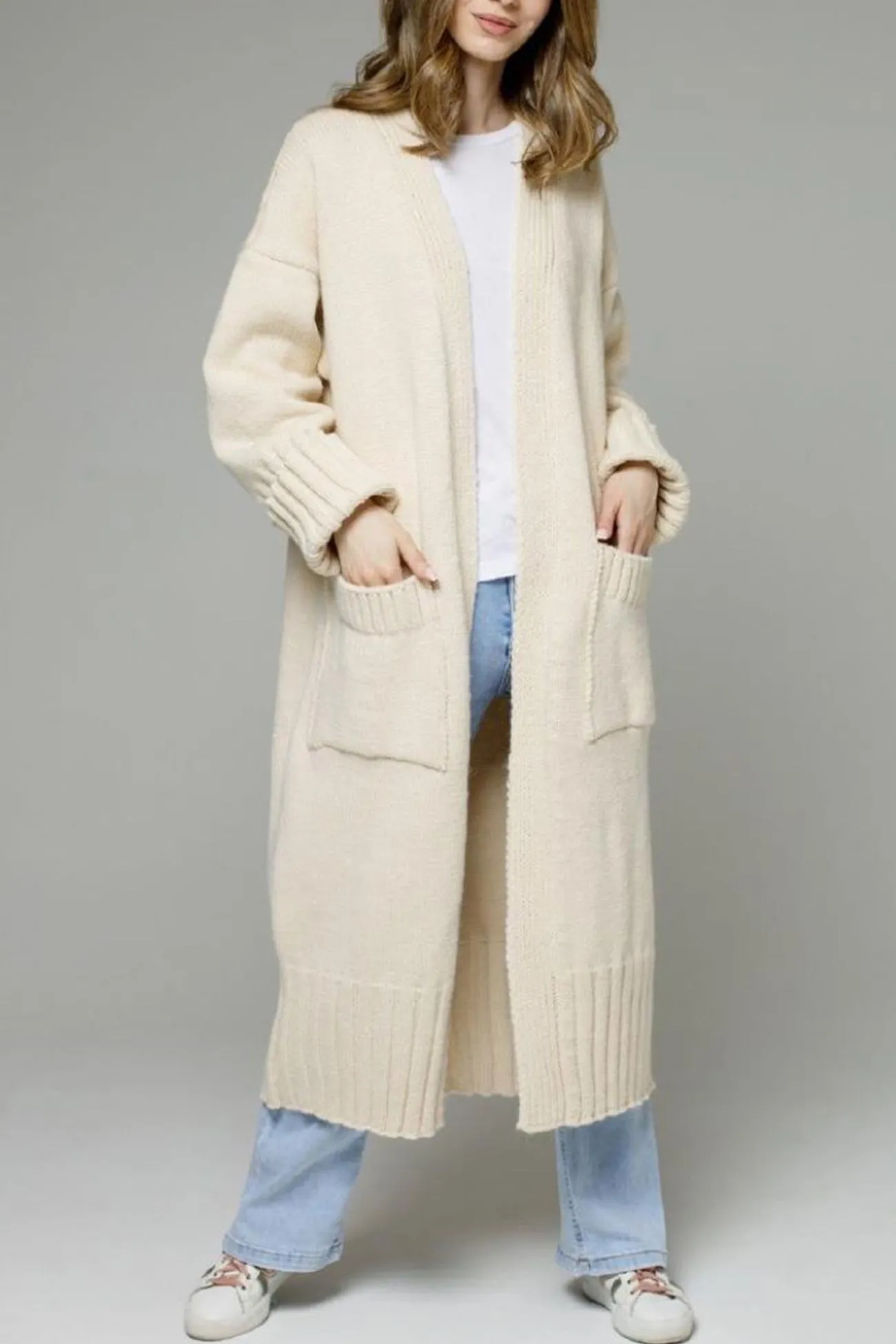 Front Pocketed Long Cardigan