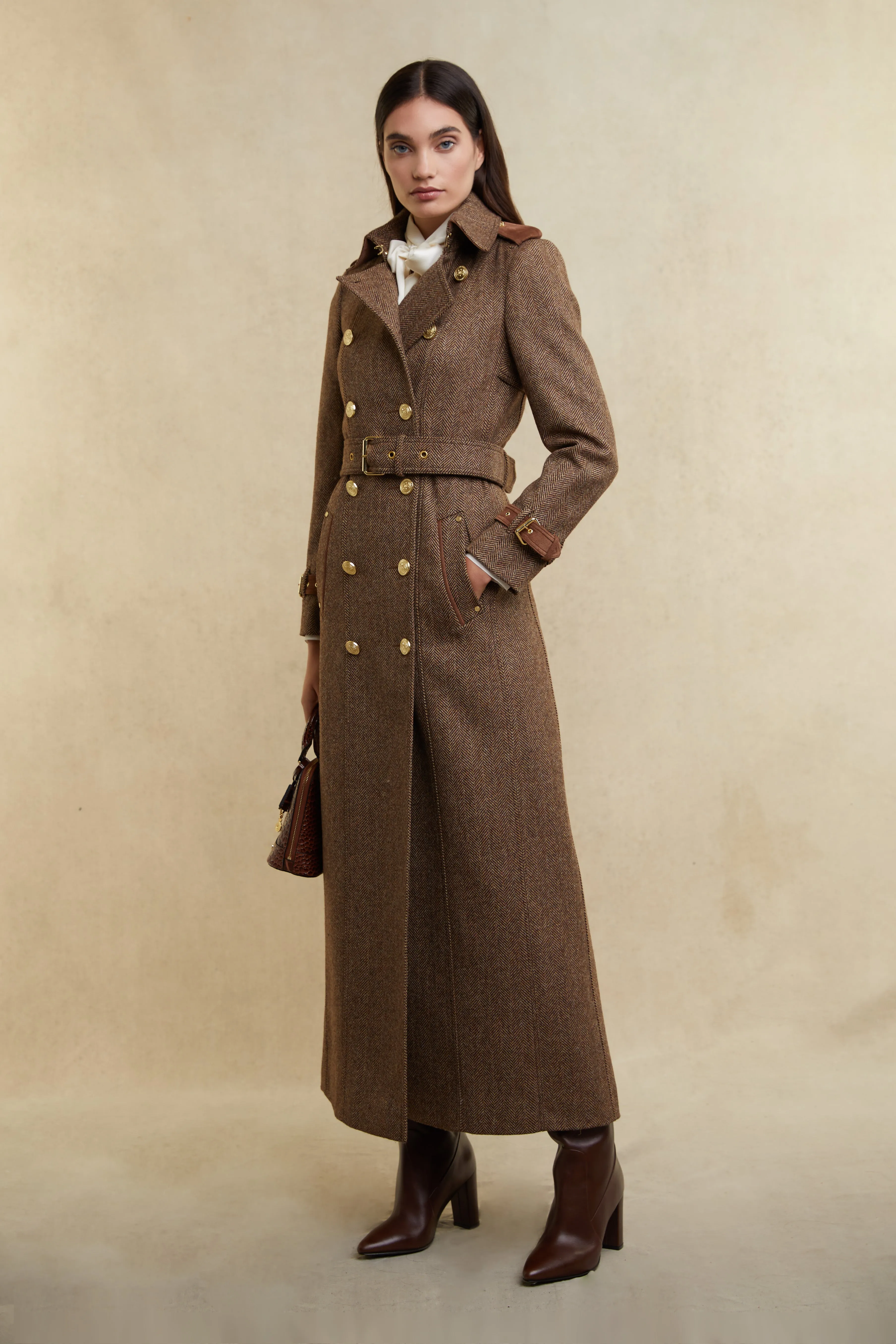 Full Length Marlborough Trench Coat (Large Scale Brown Herringbone)