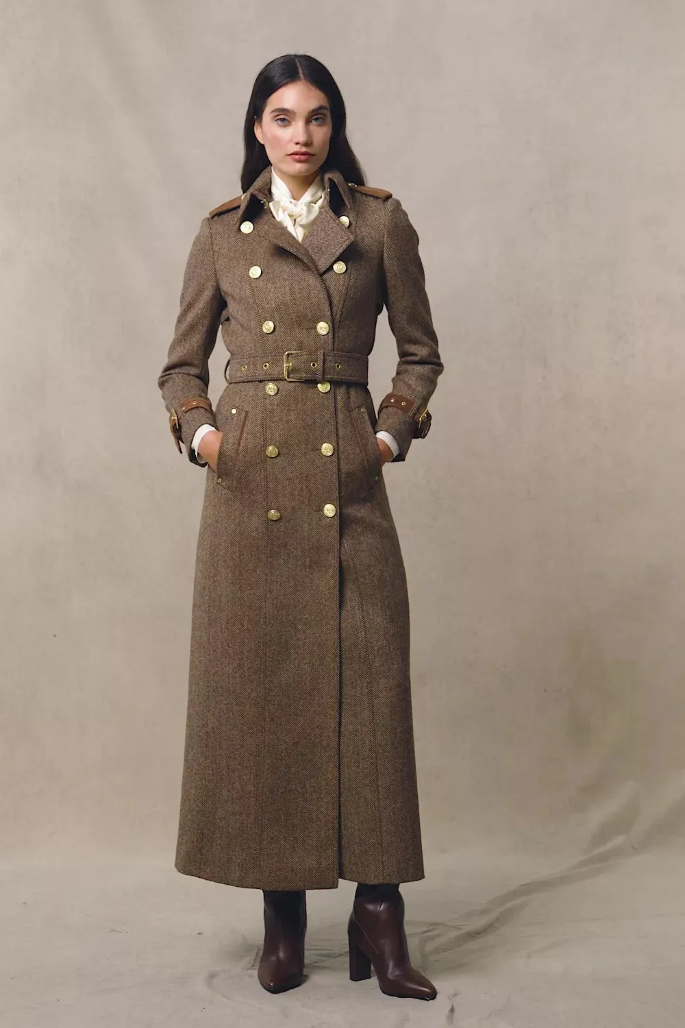 Full Length Marlborough Trench Coat (Large Scale Brown Herringbone)