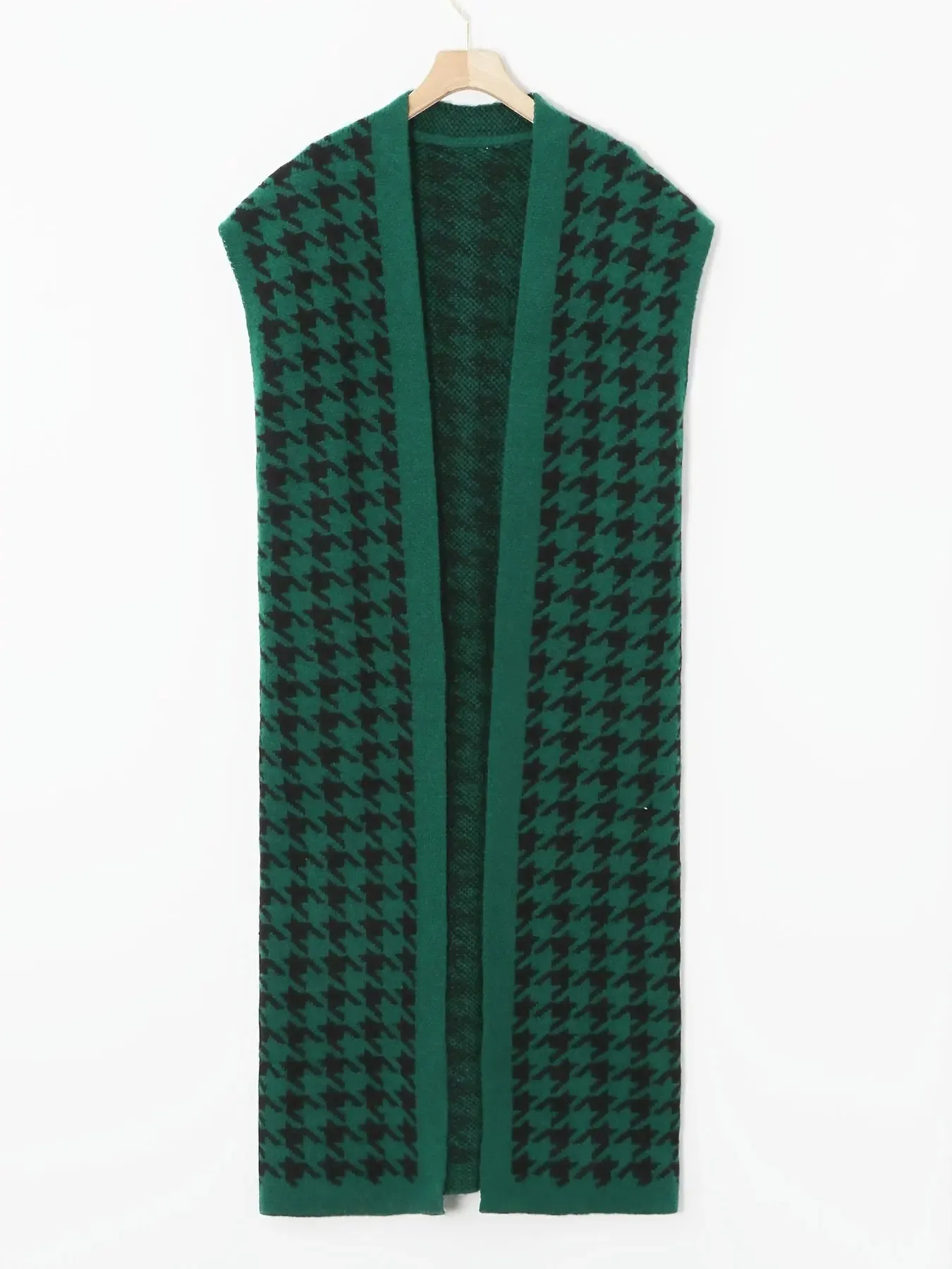 Green & Black Houndstooth Print Open Cardigan