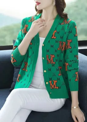 Green Letter Jacquard Patchwork Woolen Loose Cardigans V Neck Fall ML0991