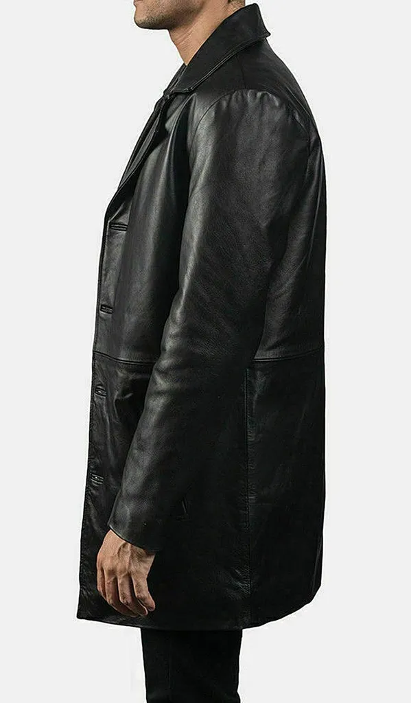 Handmade Black Leather Trench Coat For Men's