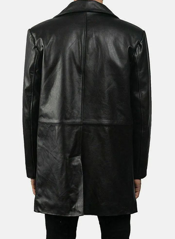 Handmade Black Leather Trench Coat For Men's