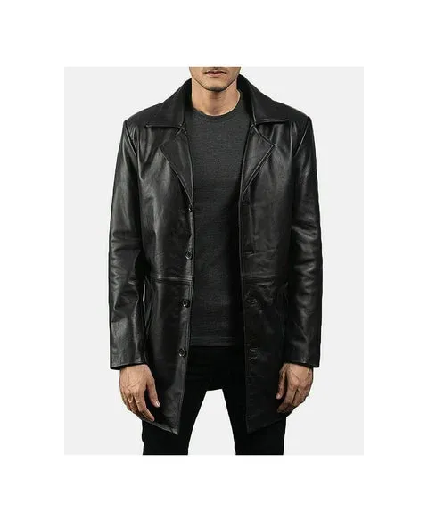 Handmade Black Leather Trench Coat For Men's