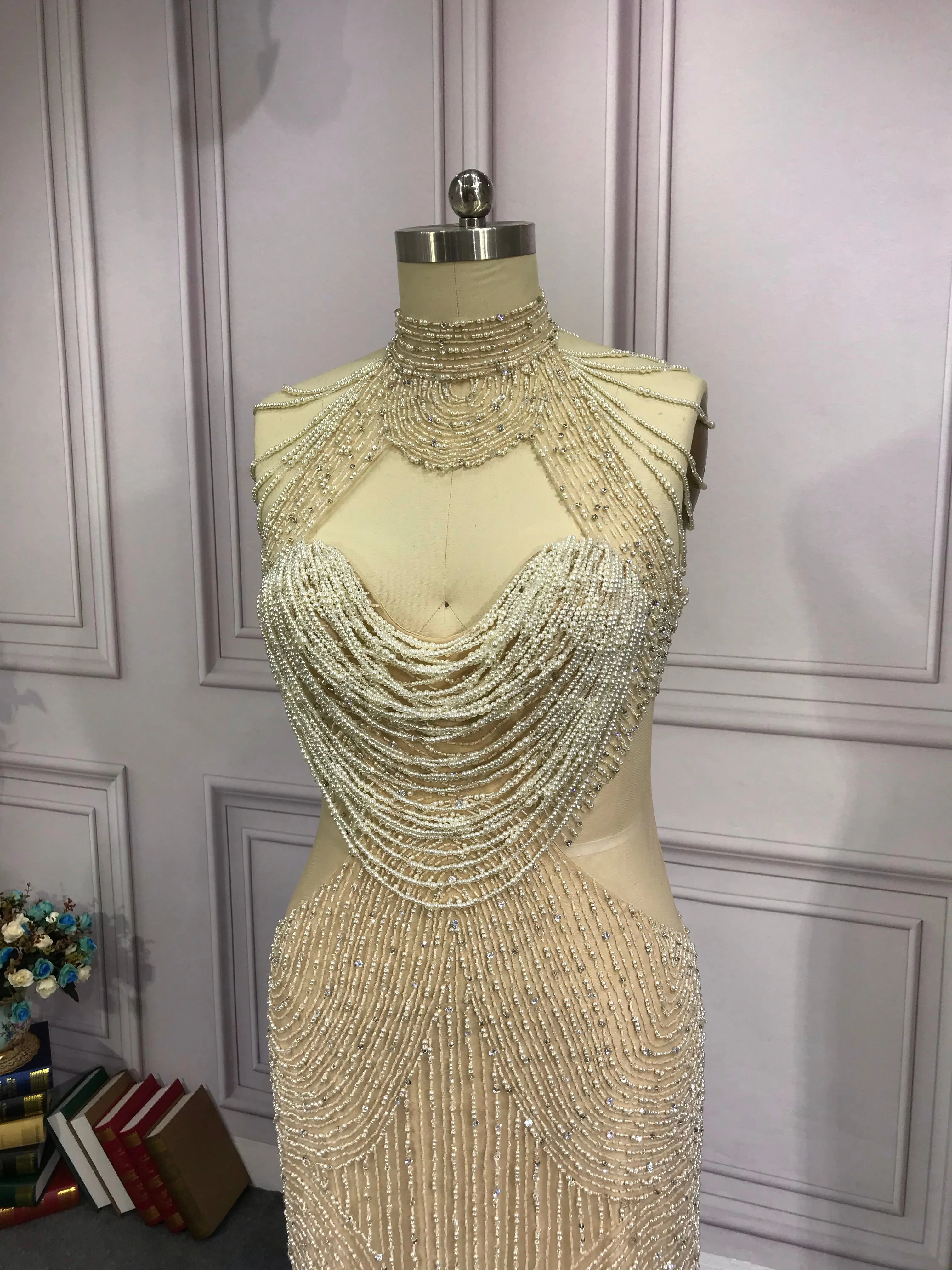 Handmade crystals pearls beaded luxury couture bodice nude prom dress